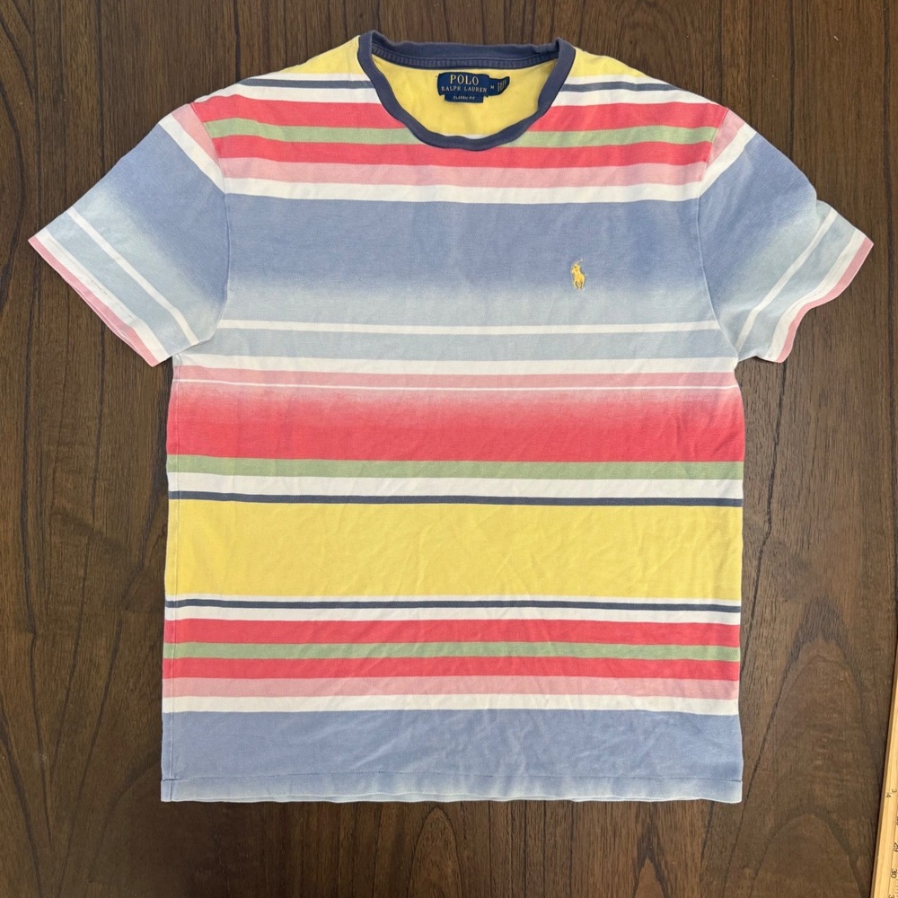 Polo Ralph Lauren Mens Classic Fit Ombre Stripe Pique Cotton T-Shirt Blue M